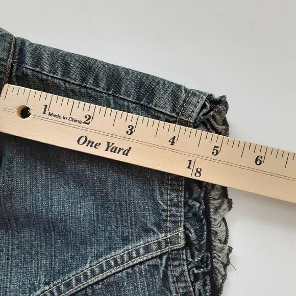 Vintage 90s Gilet Denim Vest Brass Button Military Ruffle Jean Jacket XL Cottage - Picture 10 of 10